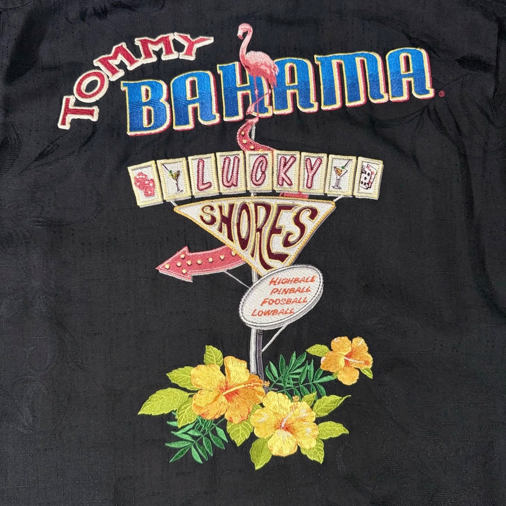Tommy Bahama Shirt Lucky Shores Silk Embroidered Flamingo Black Medium Mens